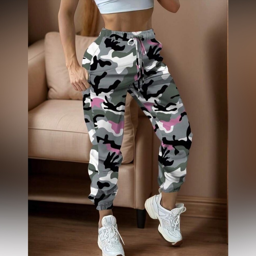 Camo Drawstring Jogger Pants - Pink & Gray